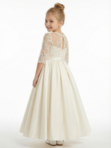 3/4  Sleeve Lace Flower Girl Dress, Satin Ball Gown Silhouette , Illusion-Neck Bodice