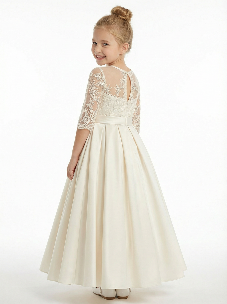 3/4  Sleeve Lace Flower Girl Dress, Satin Ball Gown Silhouette , Illusion-Neck Bodice