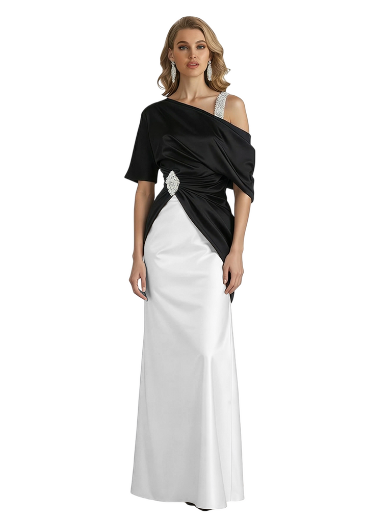 Elegant Black And White Satin Mermaid Asymmetrical Long Mother Of The Bride Dresses