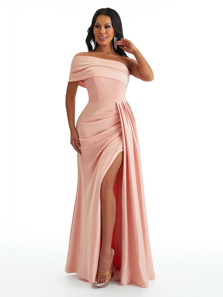 Elegant One Shoulder Side Slit Mermaid Soft Satin Maxi Formal Dresses For Women