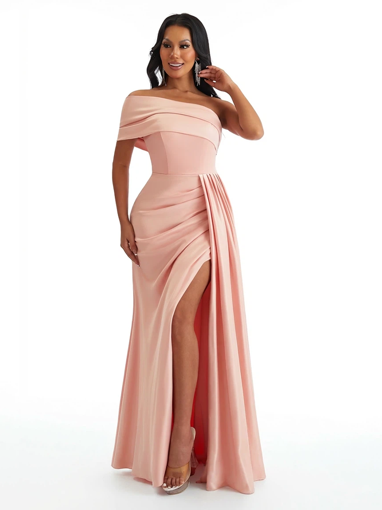 Elegant One Shoulder Side Slit Mermaid Soft Satin Maxi Formal Dresses For Women