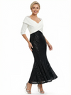Elegant Black And White Sequin V-Neck Mermaid Half Sleeves Ankle-Length Mother Of The Bride Dresses
