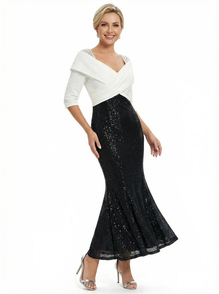 Chicsew Elegant Black And White Sequin V-Neck Mermaid Half Sleeves Ankle-Length Mother Of The Bride Dresses, Custom Color(leaving a note) Chicsew Elegant Black And White Sequin V-Neck Mermaid Half Sleeves Ankle-Length Mother Of The Bride Dresses, Custom Color(leaving a note)