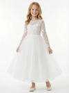 Long Sleeve Illusion Neck Lace Bodice Tulle Floor Length Flower Girl Dress for Wedding