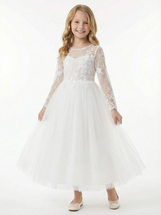 Long Sleeve Illusion Neck Lace Bodice Tulle Floor Length Flower Girl Dress for Wedding