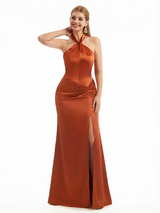 Sexy Mermaid Halter Twisted Knot Silky Satin Long Evening Formal Dresses For Women Side Slit