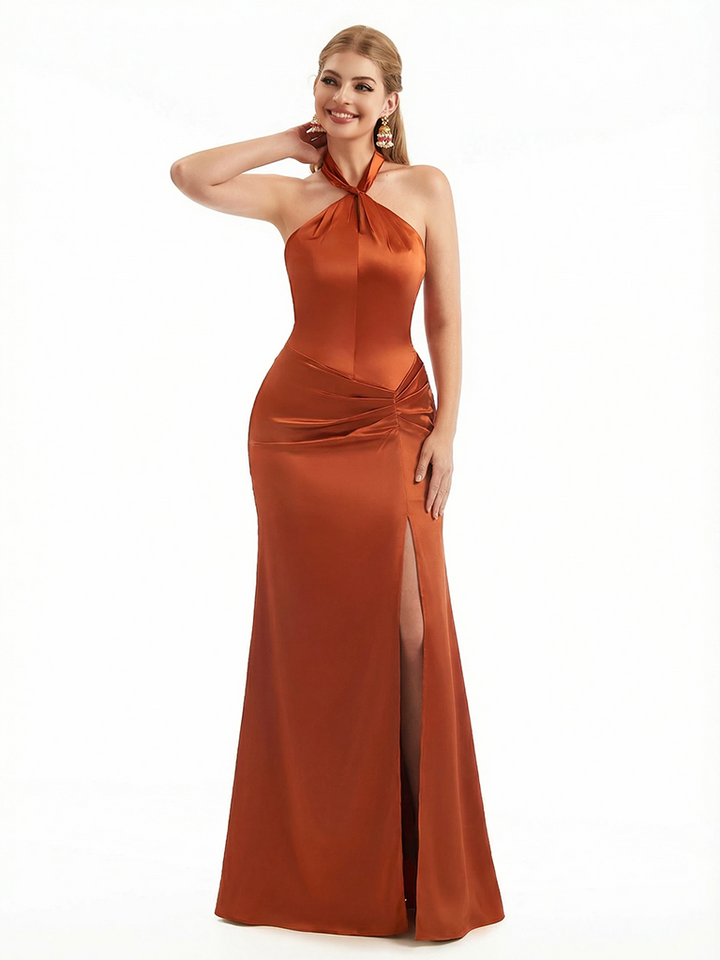Sexy Mermaid Halter Twisted Knot Silky Satin Long Evening Formal Dresses For Women Side Slit