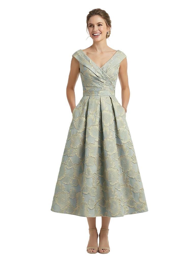 ChicSew Modern Floral Jacquard V-Neck Cap Sleeves Tea-Length A-Line Long Formal Evening Dresses