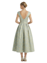 ChicSew Modern Floral Jacquard V-Neck Cap Sleeves Tea-Length A-Line Long Formal Evening Dresses