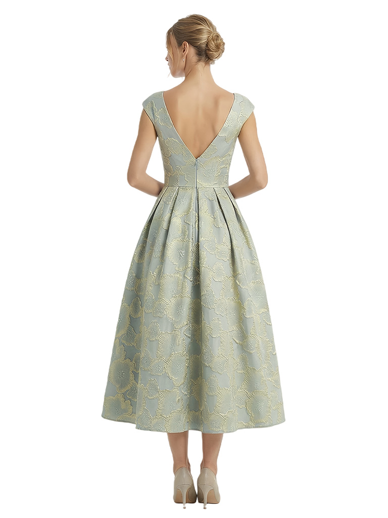 ChicSew Modern Floral Jacquard V-Neck Cap Sleeves Tea-Length A-Line Long Formal Evening Dresses