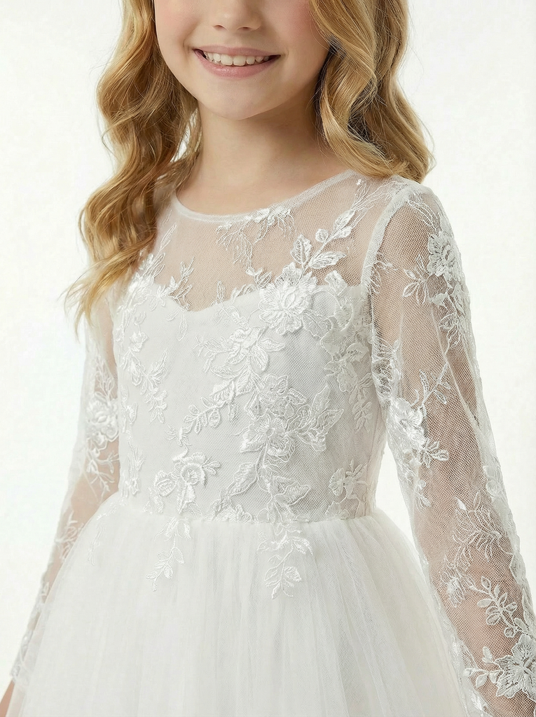 Long Sleeve Illusion Neck Lace Bodice Tulle Floor Length Flower Girl Dress for Wedding