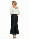 Elegant Black And White Sequin V-Neck Mermaid Half Sleeves Ankle-Length Mother Of The Bride Dresses