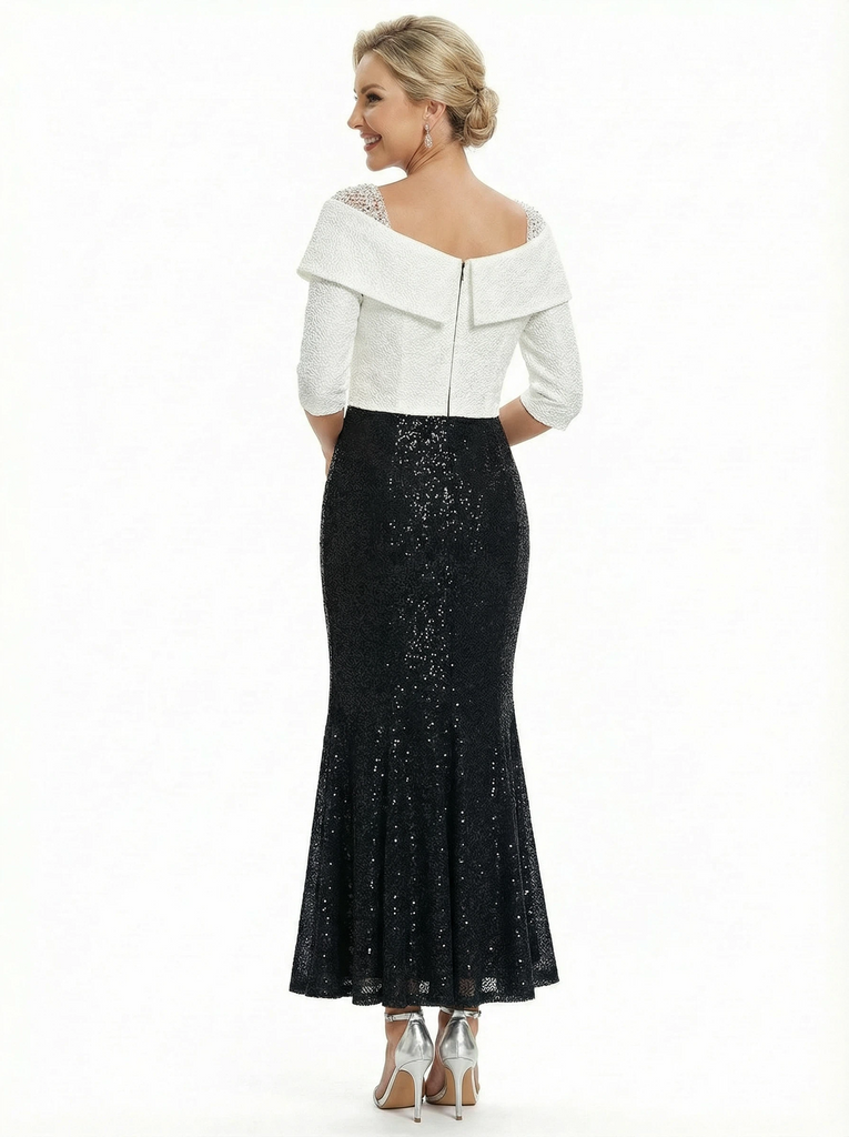 Elegant Black And White Sequin V-Neck Mermaid Half Sleeves Ankle-Length Mother Of The Bride Dresses