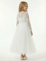Long Sleeve Illusion Neck Lace Bodice Tulle Floor Length Flower Girl Dress for Wedding