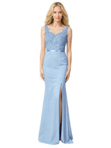 Elegant Soft Satin Illusion Side Slit Applique Mermaid Long Mother of the Bride Dresses