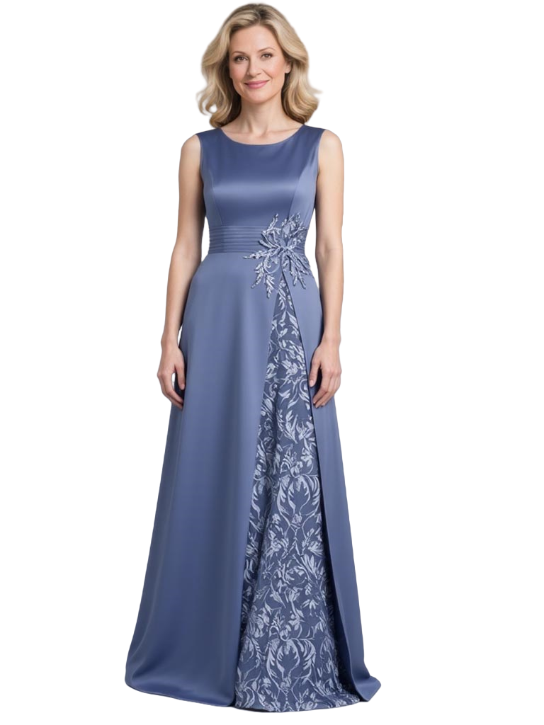 Elegant Sleeveless Lace Satin A-Line Long Mother of The Bride and Groom Dresses For Wedding