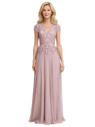 Elegant Chiffon V-Neck Cap Sleeves Lace Long Mother of The Bride Dresses