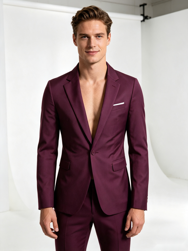 Classic 2 Piece Mulberry Men's Suit with Regular Fit and Sophisticated Peak Lapel