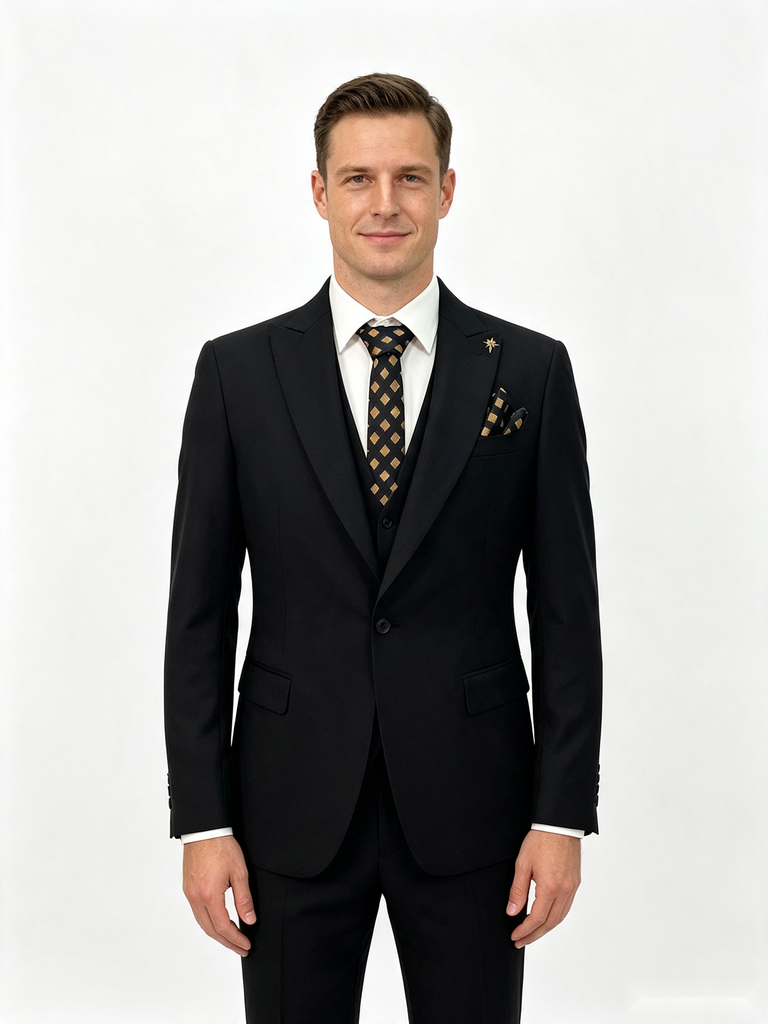 Classic 3 Piece Black Men's Suit with Regular Fit and Sophisticated Peak Lapel