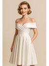 A-line Off Shoulder V-neck Mini Short Satin Wedding Dresses Online