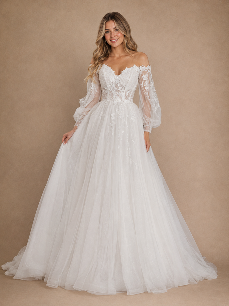 ChicSew Elegant V-Neck 3/4 Sleeves A-Line Tulle Floor-Length Wedding Dress With Lace Appliques
