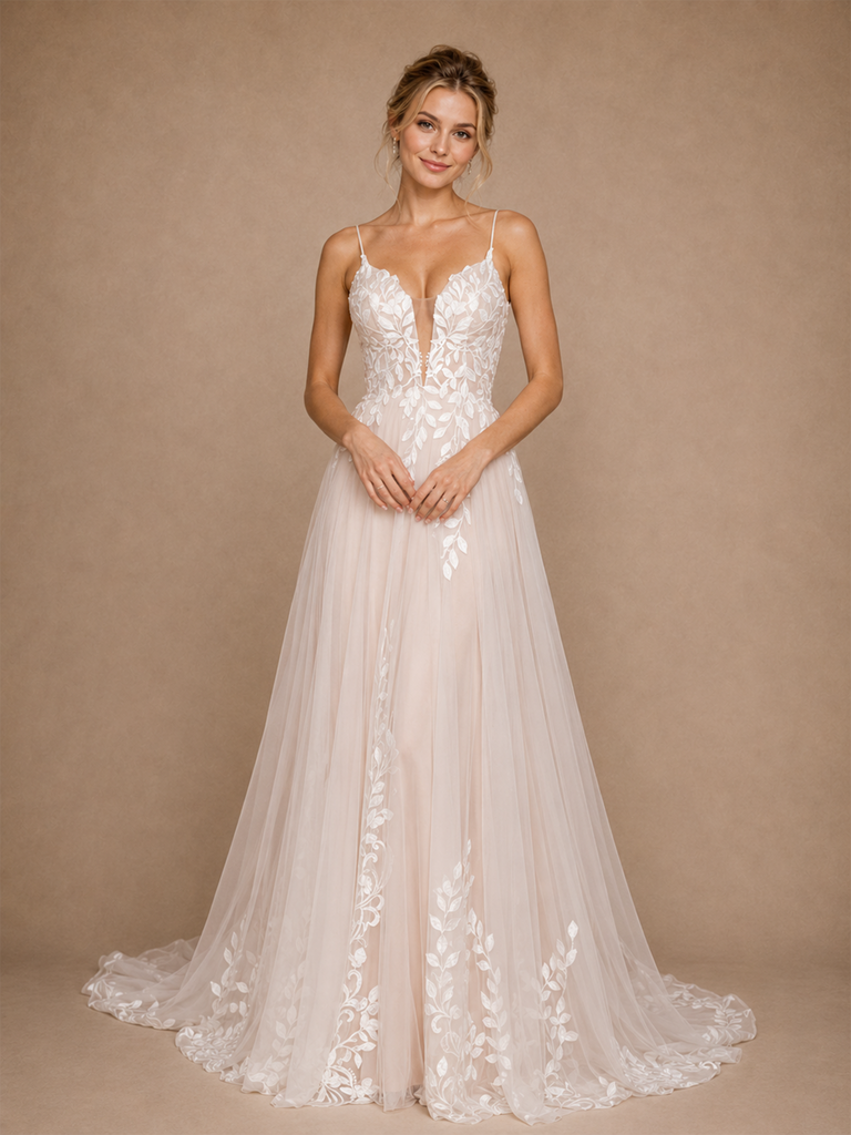ChicSew Sexy Beautiful Spaghetti Straps V-Neck A-Line Lace Tulle Open Back Long Wedding Dress
