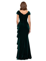 Elegant Asymmetric Cap Sleeves Ruffles Velvet Long Mother of The Dresses