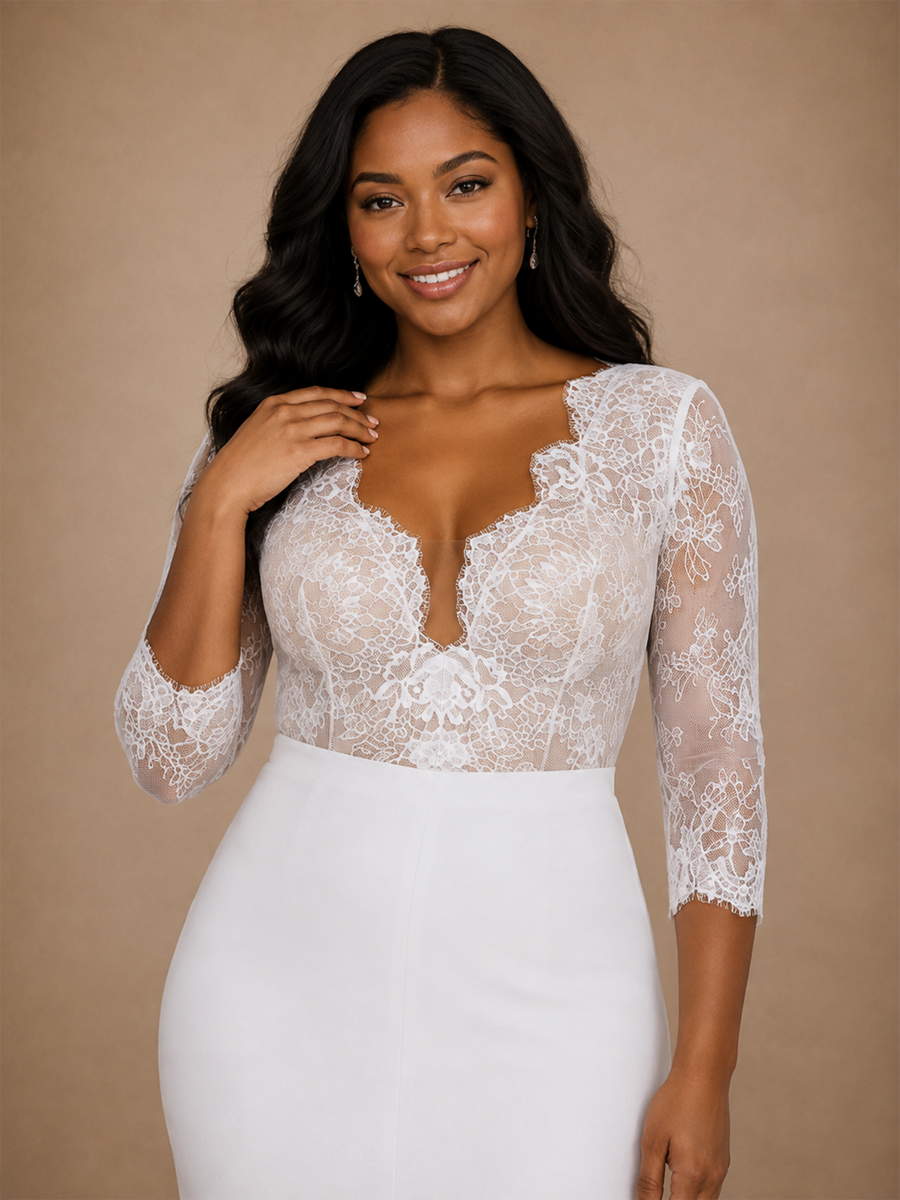 ChicSew Elegant Mermaid V-Neck 3/4 Sleeves Slit Lace Crepe Floor-Length Wedding Dress
