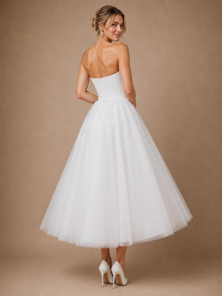 Chicsew Fancy V-Neck Sleeveless A-Line Tea-Length Crepe Tulle Wedding Dress