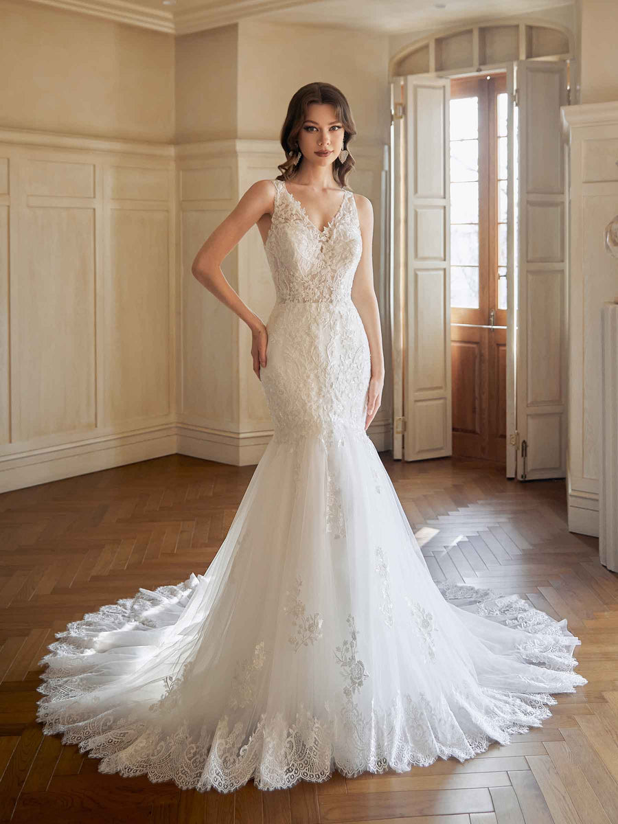 Elegant Mermaid V-neck Maxi Long Lace Dresses For Wedding Online