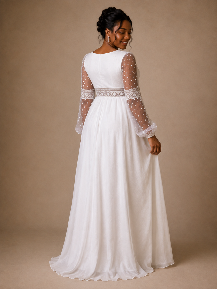 ChicSew Elegant V-Neck Long Tulle Sleeves Chiffon A-Line Maxi Wedding Dress