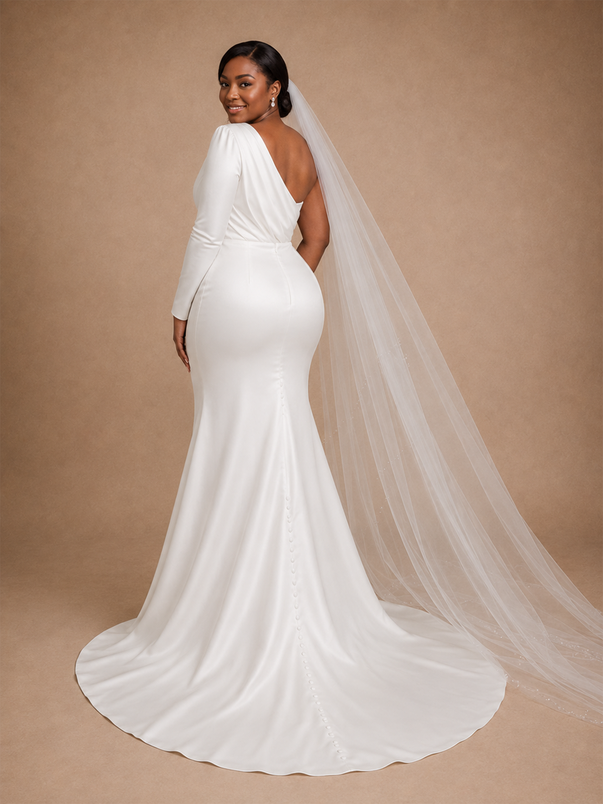 ChicSew Unique Asymmetric Ruching Long Sleeve Long Mermaid Satin Wedding Dress
