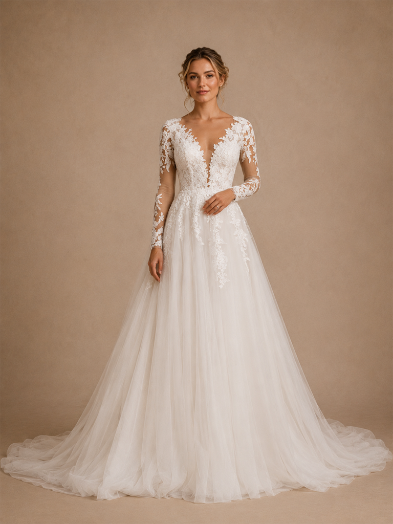 ChicSew Fancy V-Neck Lace Tulle Long Sleeves Maxi A-Line Wedding Dress