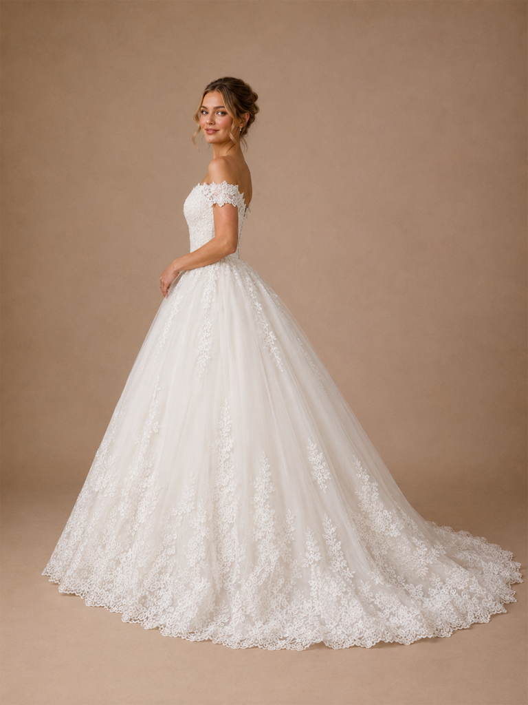 ChicSew Elegant V-Neck Off The Shoulder Lace Tulle A-Line Floor-Length Wedding Dress