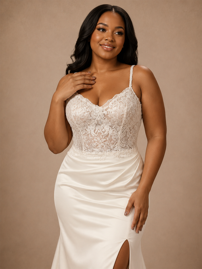 ChicSew Fancy Mermaid Spaghetti Straps Side Slit Satin Floor-Length Wedding Dress With Lace Applique