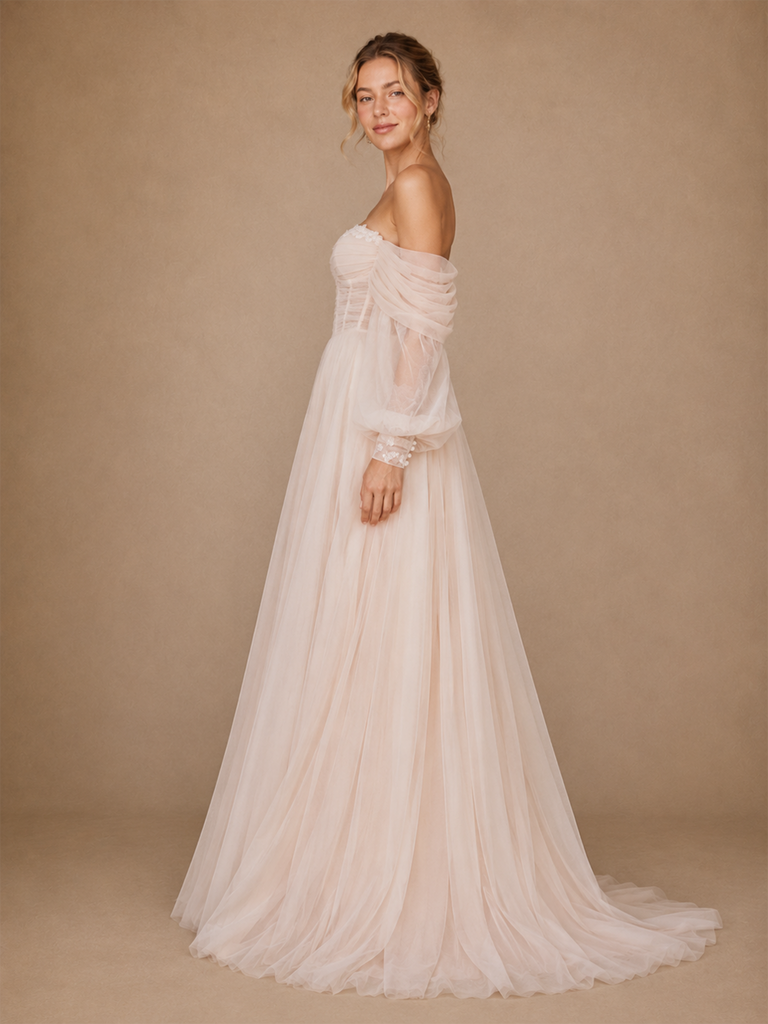 ChicSew Classy Sweetheart Boning 3/4 Sleeveless Tulle A-Line Maxi Long Wedding Dress