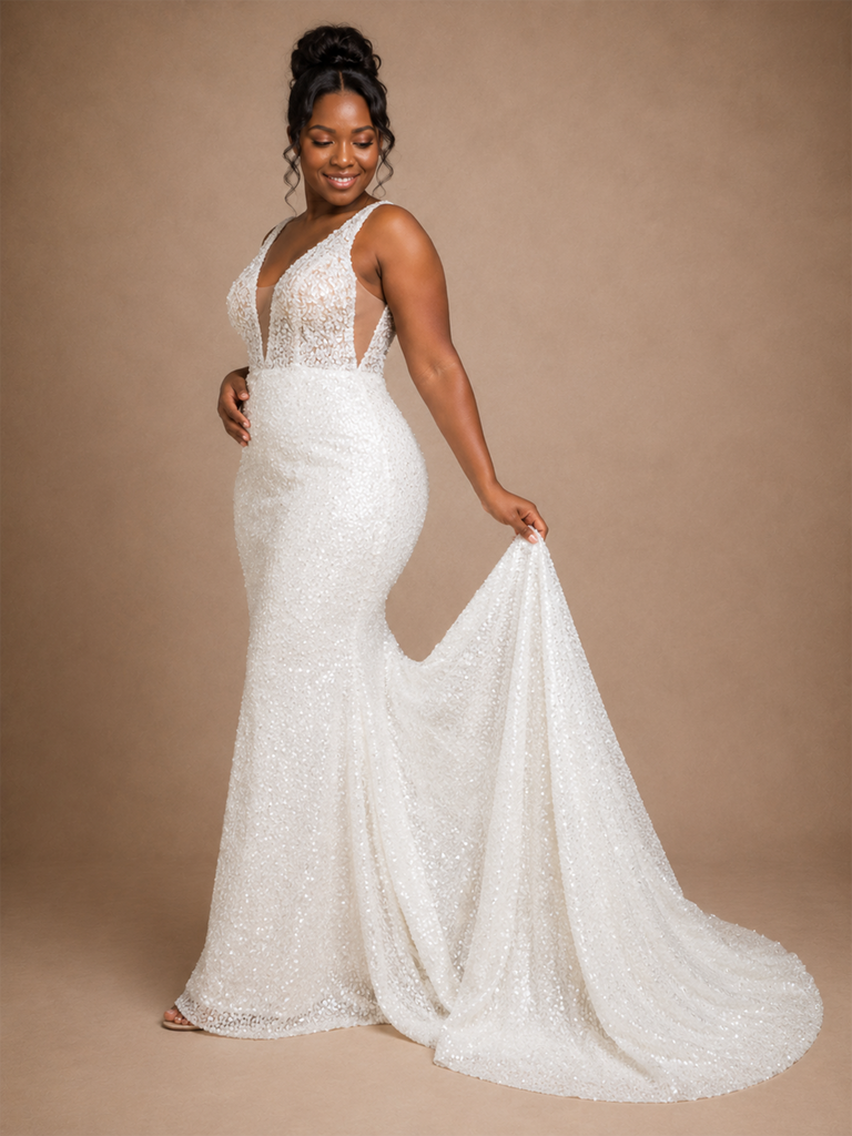 ChicSew Elegant V-Neck Spaghetti Straps Mermaid Sequin Floor-Length Wedding Dress
