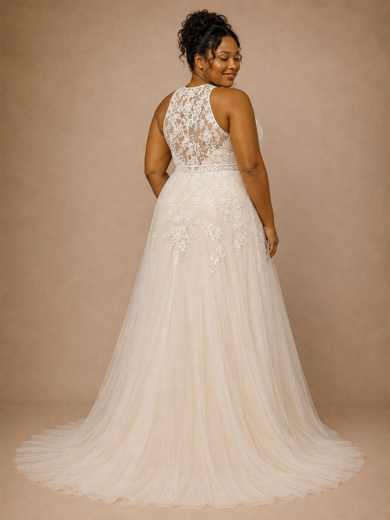 ChicSew Elegant High Neck A-Line Sleeveless Lace Tulle Maxi Wedding Dress