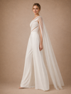 ChicSew Modern One Shoulder Chiffon Ruched Wedding Jumpsuit With Beaded Tulle Cape Sleeve