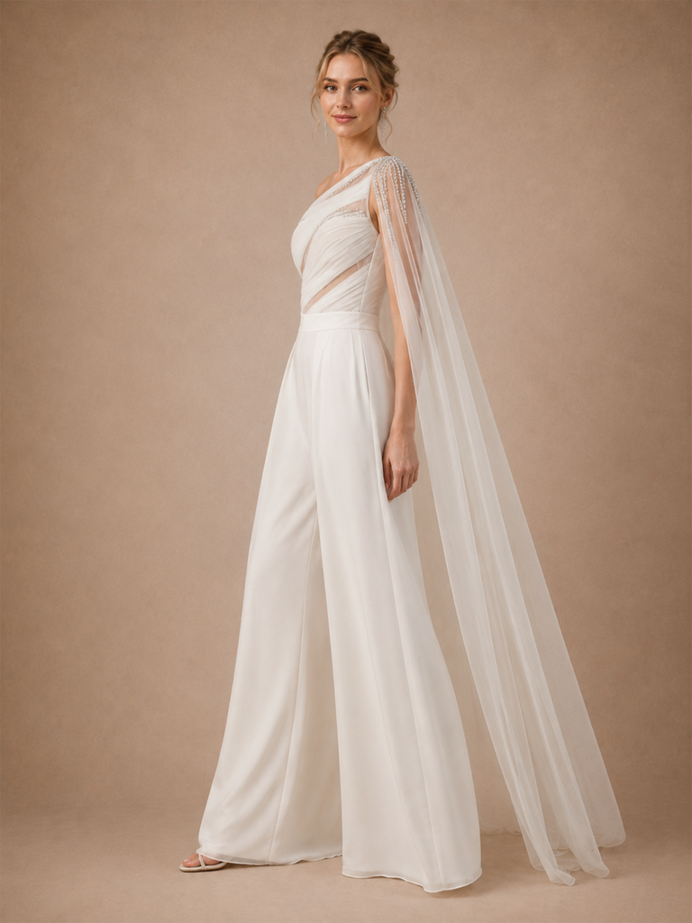 ChicSew Modern One Shoulder Chiffon Ruched Wedding Jumpsuit With Beaded Tulle Cape Sleeve