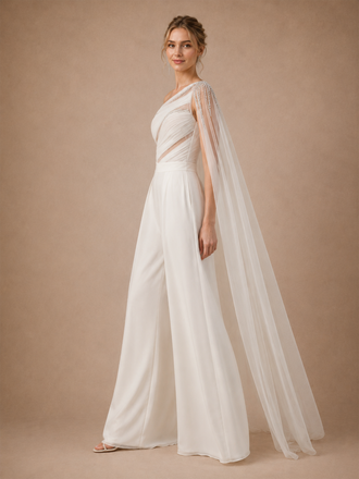 ChicSew Modern One Shoulder Chiffon Ruched Wedding Jumpsuit With Beaded Tulle Cape Sleeve