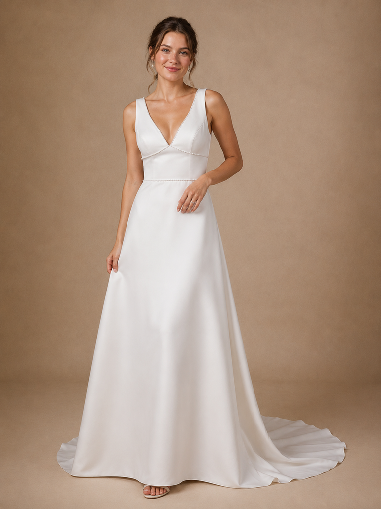 ChicSew Elegant V-Neck Sleeveless A-Line Satin Floor-Length Wedding Dresses With Beading