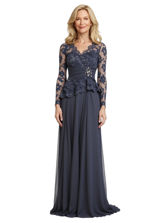 Elegant Chiffon V-Neck Long Sleeves Lace A-Line Long Mother Of The Bride and Groom Dresses