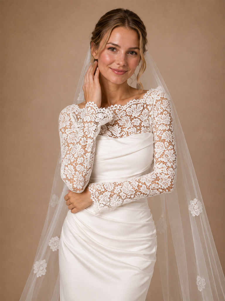 ChicSew Fancy Bateau Long Sleeves Mermaid Satin Lace Floor-Length Wedding Dress