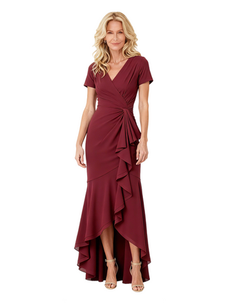 Elegant Short Sleeves Ruffle V-Neck Mermaid Chiffon High Low Mother Of The Bride Dresses