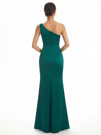Elegant One Shoulder Ruched Silky Satin Mermaid Long Evening Gown Dresses For Women Side Slit