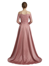 Unique Off-Shoulder Lace Long Sleeve Satin A-Line Prom Gown Slit