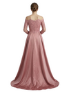 Unique Off-Shoulder Lace Appliques Satin A-Line Prom Gown