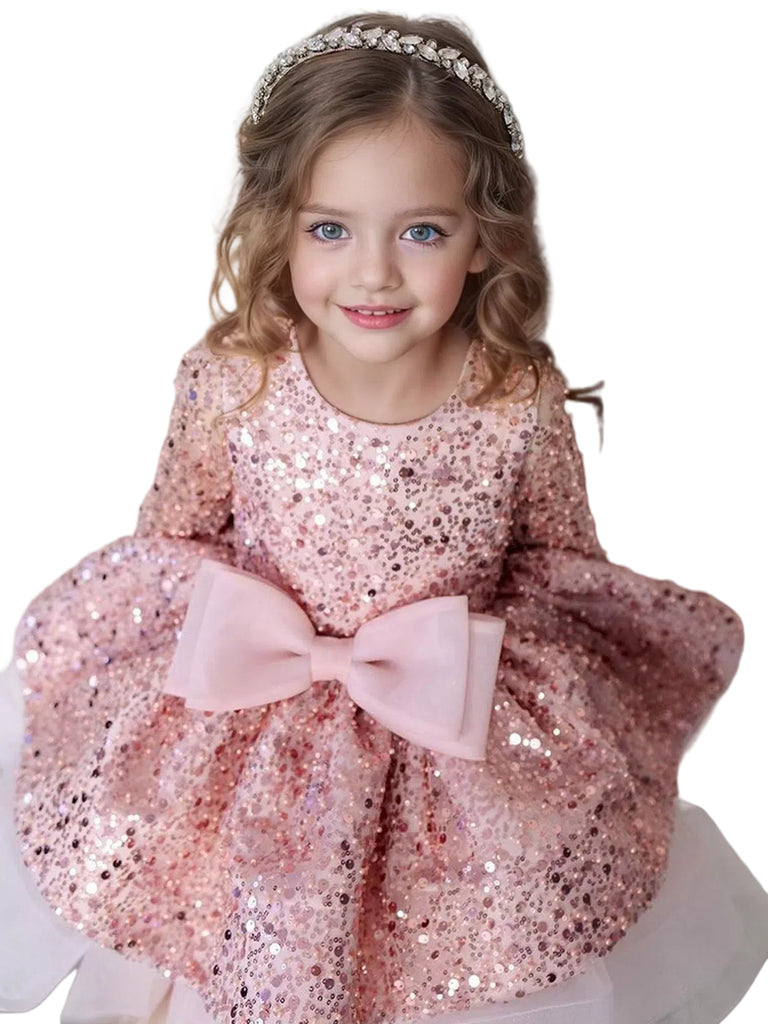 Gorgeous Pink Ball Gown Flower Girl Dresses Vintage Sheer Long Sleeves Appliques Beads Girls Pageant Gowns Toddler Kids Birthday Party