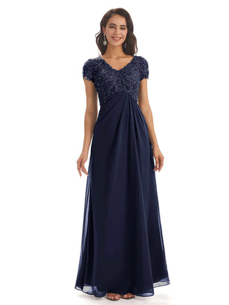 Elegant Short Sleeves Beaded Pleats A-line Floor-Length Mother of The Bride Dresses In Stock